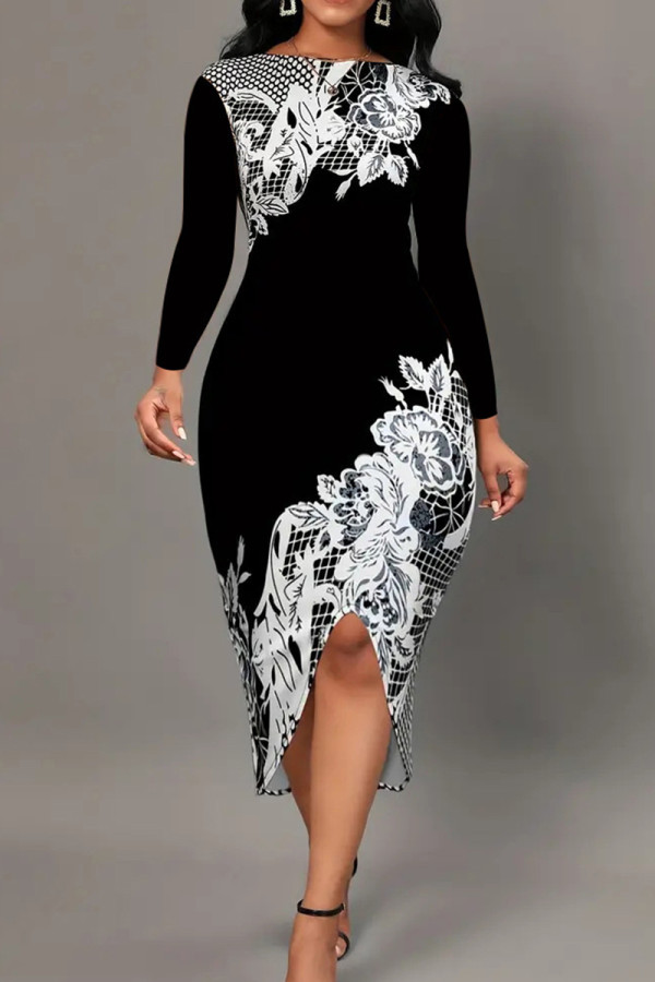 Black Elegant Print Patchwork Slit O Neck Irregular Dress Dresses
