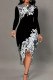 Black Elegant Print Patchwork Slit O Neck Irregular Dress Dresses