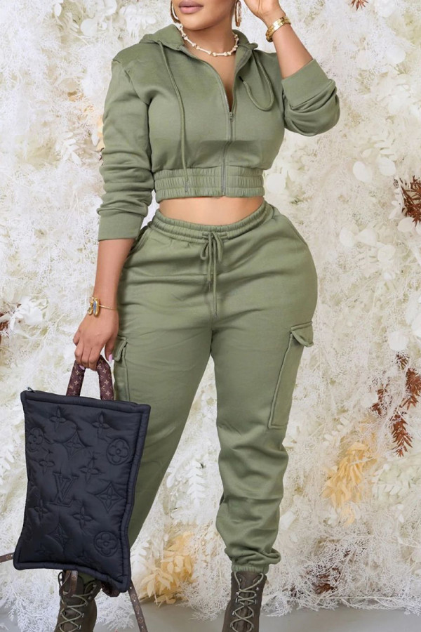 Green Casual Solid Patchwork Draw String Pocket Hooded Collar Long Sleeve Two Pieces