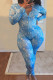 Baby Blue Casual Living Print Buttons V Neck Skinny Jumpsuits