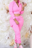 Pink Casual Solid Patchwork Draw String Pocket Hooded Collar Long Sleeve Two Pieces