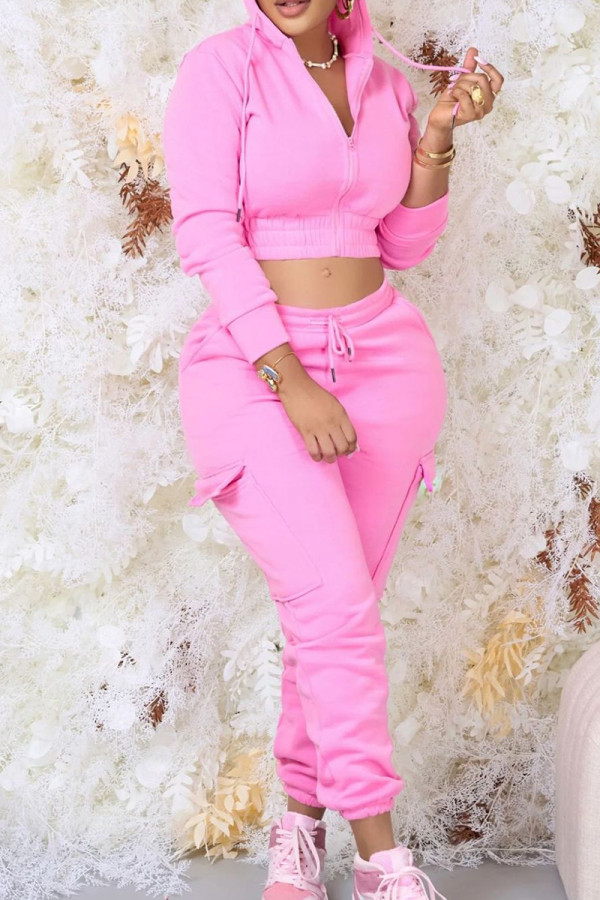 Pink Casual Solid Patchwork Draw String Pocket Hooded Collar Long Sleeve Two Pieces