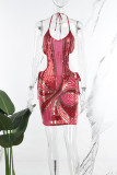 Red Sexy Print Hollowed Out Patchwork Spaghetti Strap Wrapped Skirt Dresses
