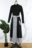 Black Casual Daily Elegant Plaid Patchwork Patchwork Pocket Buttons Turtleneck Long Sleeve Two Pieces