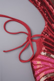 Red Sexy Print Hollowed Out Patchwork Spaghetti Strap Wrapped Skirt Dresses