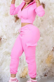 Pink Casual Solid Patchwork Draw String Pocket Hooded Collar Long Sleeve Two Pieces