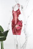 Red Sexy Print Hollowed Out Patchwork Spaghetti Strap Wrapped Skirt Dresses