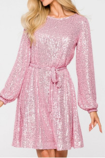 Pink Casual Patchwork Sequins O Neck Long Sleeve Dresses