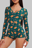 Light Green Sexy Print Patchwork Buckle V Neck Skinny Rompers