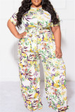 Yellow Casual Print Basic O Neck Plus Size Two Pieces
