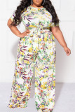 Yellow Casual Print Basic O Neck Plus Size Two Pieces