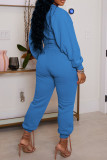 Royal Blue Casual Solid Basic O Neck Plus Size Two Pieces