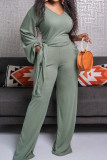 Light Apricot Casual Solid Bandage Patchwork Pocket V Neck Long Sleeve Two Pieces