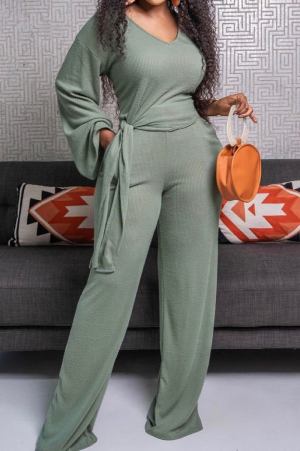 Light Army Green Casual Solid Bandage Patchwork Pocket V Neck Long Sleeve Two Pieces