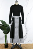 Black Casual Daily Elegant Plaid Patchwork Patchwork Pocket Buttons Turtleneck Long Sleeve Two Pieces