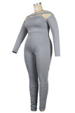 Grey Sexy Casual Solid Patchwork Backless Off the Shoulder Plus Size Jumpsuits(Without Belt)