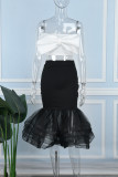 Black Sexy Party Elegant Formal Patchwork Flounce Asymmetrical Strapless Sleeveless Two Pieces