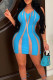 Blue Sexy Color Block Patchwork See-through Backless Halter Wrapped Skirt Dresses