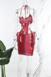 Red Sexy Print Hollowed Out Patchwork Spaghetti Strap Wrapped Skirt Dresses