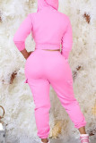 Pink Casual Solid Patchwork Draw String Pocket Hooded Collar Long Sleeve Two Pieces