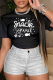 Black Casual Print Patchwork Letter O Neck T-Shirts