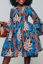 Blue Casual Print Patchwork V Neck Long Sleeve Dresses (Subject To The Actual Object )