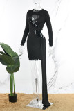 Black Sexy Solid Hollowed Out O Neck Long Sleeve Dresses