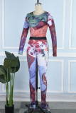 Colour Casual Print Patchwork O Neck Long Sleeve Two Pieces