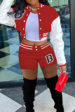 Red Casual Print Patchwork Pocket Buckle O Neck Long Sleeve Two Pieces