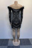 Black Sweet Daily Party Elegant Patchwork Hot Drill Off the Shoulder Dresses