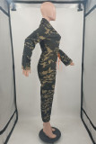 Camouflage Casual Camouflage Print Patchwork Zipper Turndown Collar Plus Size Jumpsuits