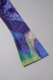 Blue Street Print Patchwork High Opening O Neck Long Sleeve Two Pieces