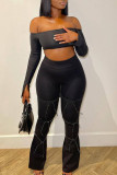 Black Casual Solid Bandage Patchwork Pocket Boot Cut High Waist Speaker Patchwork Bottoms