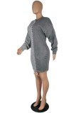 Black Gray Casual Patchwork Frenulum Contrast Half A Turtleneck Long Sleeve Plus Size Dresses