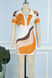 Orange Sexy Print Patchwork Buckle Shirt Collar Printed Dress Dresses