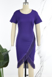 Purple Casual Solid Tassel Patchwork O Neck Short Sleeve Dress