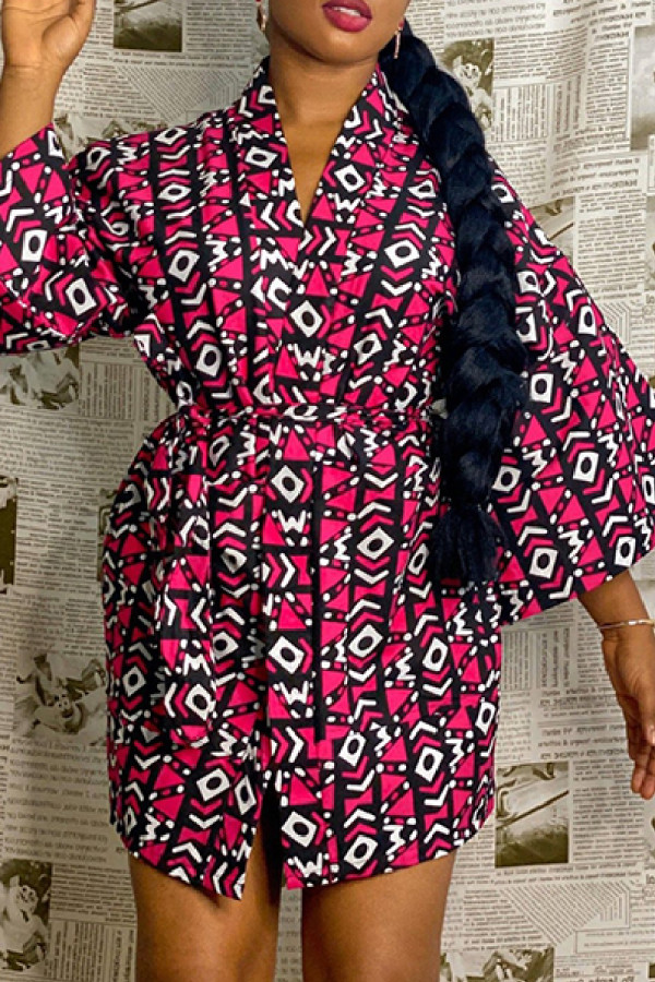 Rose Red Casual Print With Belt Outerwear