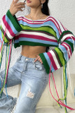 Turquoise Sexy Color Block Tassel Patchwork O Neck Tops