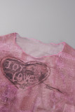 Red Street Print Patchwork O Neck Tops