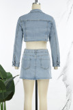 Light Blue Sexy Solid Patchwork Pocket Buckle Buttons Zipper Turndown Collar Long Sleeve Two Pieces
