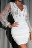 White Sexy Solid Patchwork See-through Fold Beaded V Neck Wrapped Skirt Dresses