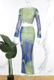 Blue Street Print Patchwork High Opening O Neck Long Sleeve Two Pieces