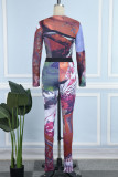 Colour Casual Print Patchwork O Neck Long Sleeve Two Pieces