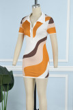 Orange Sexy Print Patchwork Buckle Shirt Collar Printed Dress Dresses