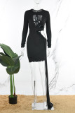 Black Sexy Solid Hollowed Out O Neck Long Sleeve Dresses