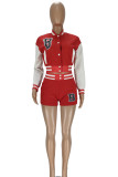 Red Casual Print Patchwork Pocket Buckle O Neck Long Sleeve Two Pieces