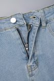 Light Blue Sexy Solid Patchwork Pocket Buckle Buttons Zipper Turndown Collar Long Sleeve Two Pieces