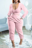 Grey Casual Solid Basic V Neck Plus Size Two Pieces
