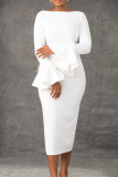 White Elegant Solid Patchwork Zipper O Neck Pencil Skirt Dresses