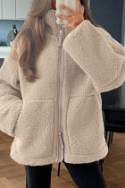 Khaki Casual Solid Patchwork Zipper Mandarin Collar Outerwear